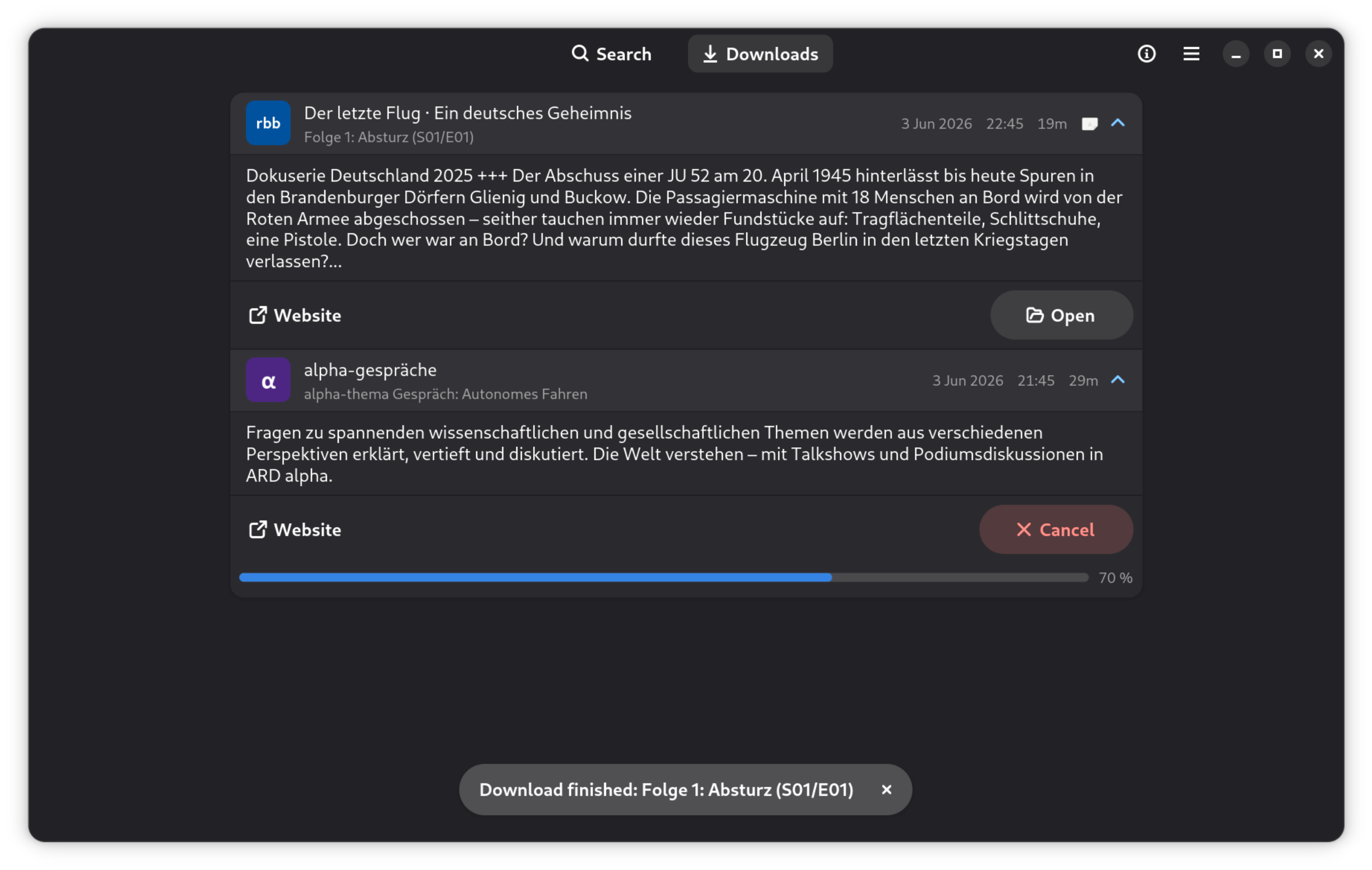 Glotze's downloads page with an episode being downloaded