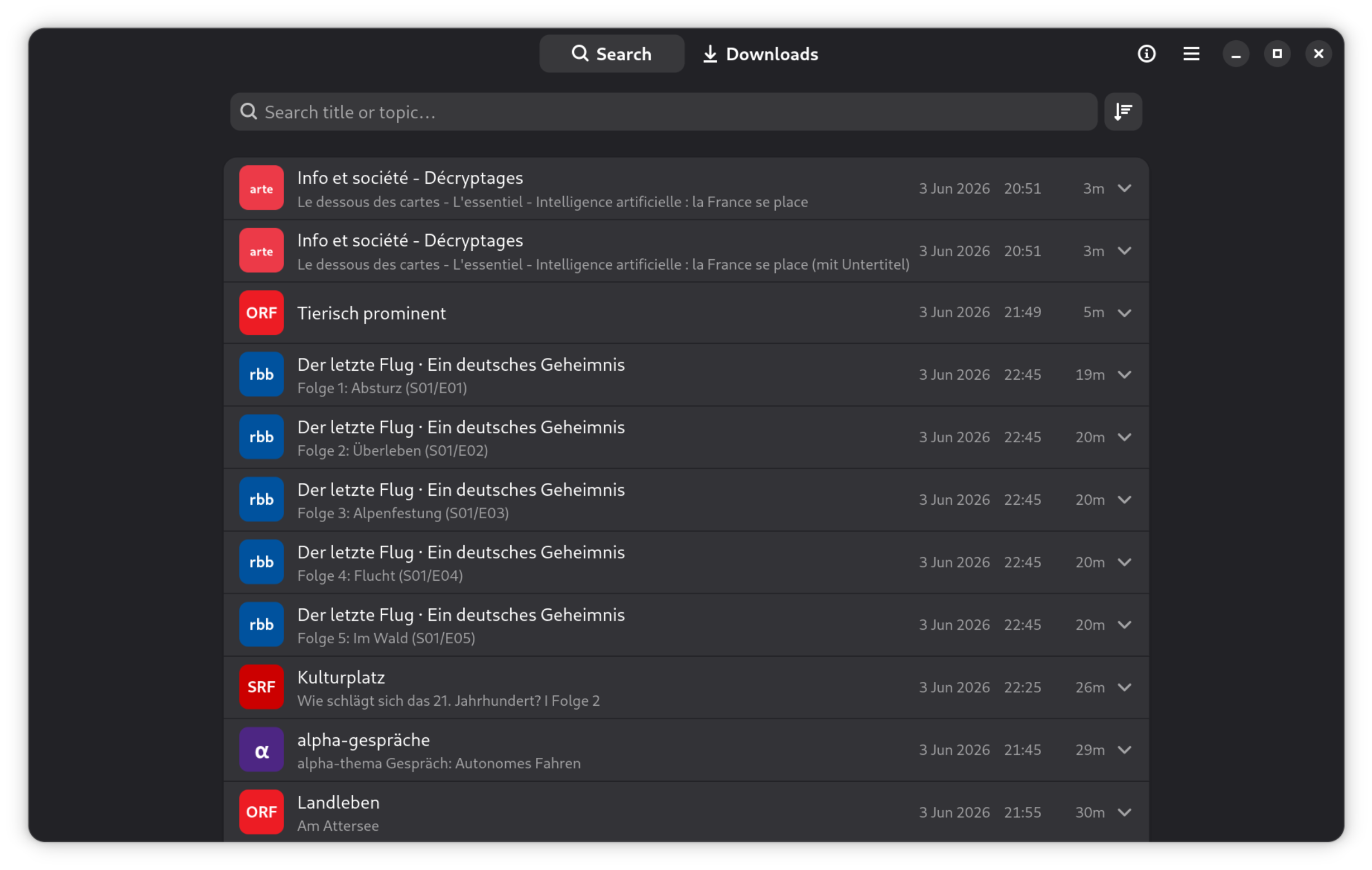 Glotze's search page listing recent episodes with channel logos, broadcast date, time and duration