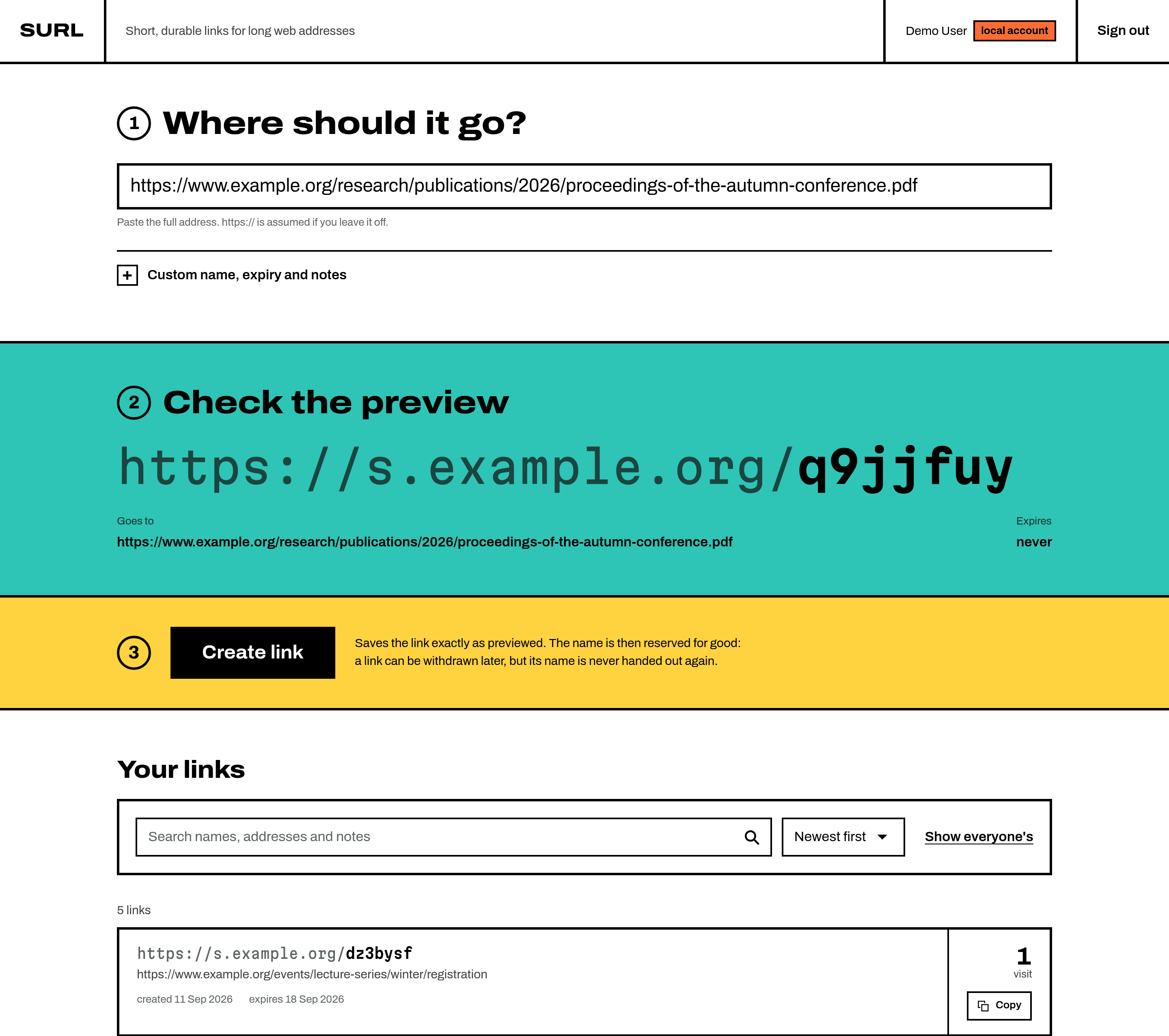The surl register: a three-step form to create a link, with the short link previewed at the size of a sign, above a searchable list of existing links with their visit counts.